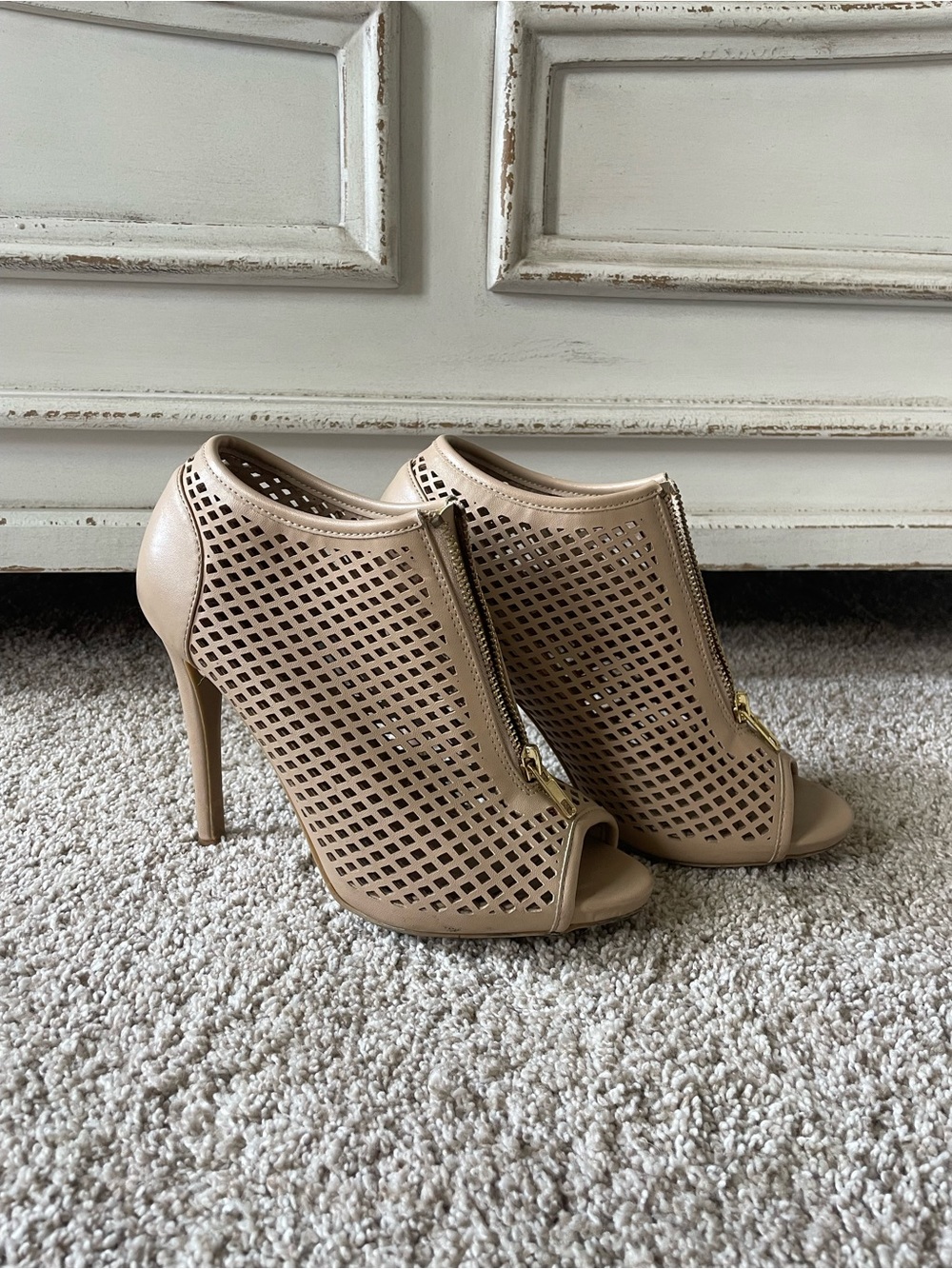 Steve Madden Nude Peep-Toe Laser-Cut Stiletto Booties with Front Zip